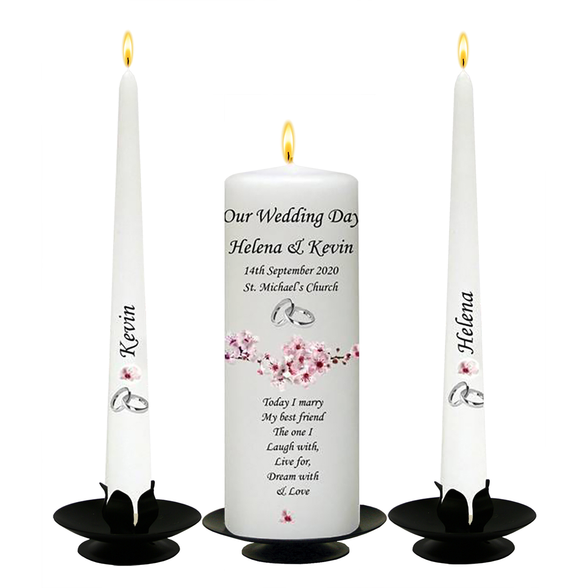 Customised Wedding Candles - Blossom Flowers & Silver Rings